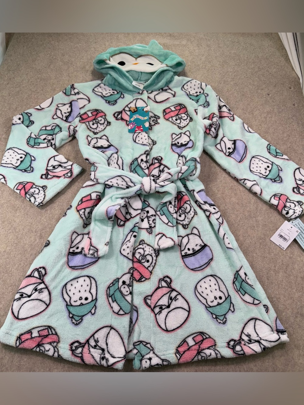 Squishmallow Kids Plush Girls Fleece Hooded Owl Bathrobe, Aqua, NWT Girls Sz 7/8